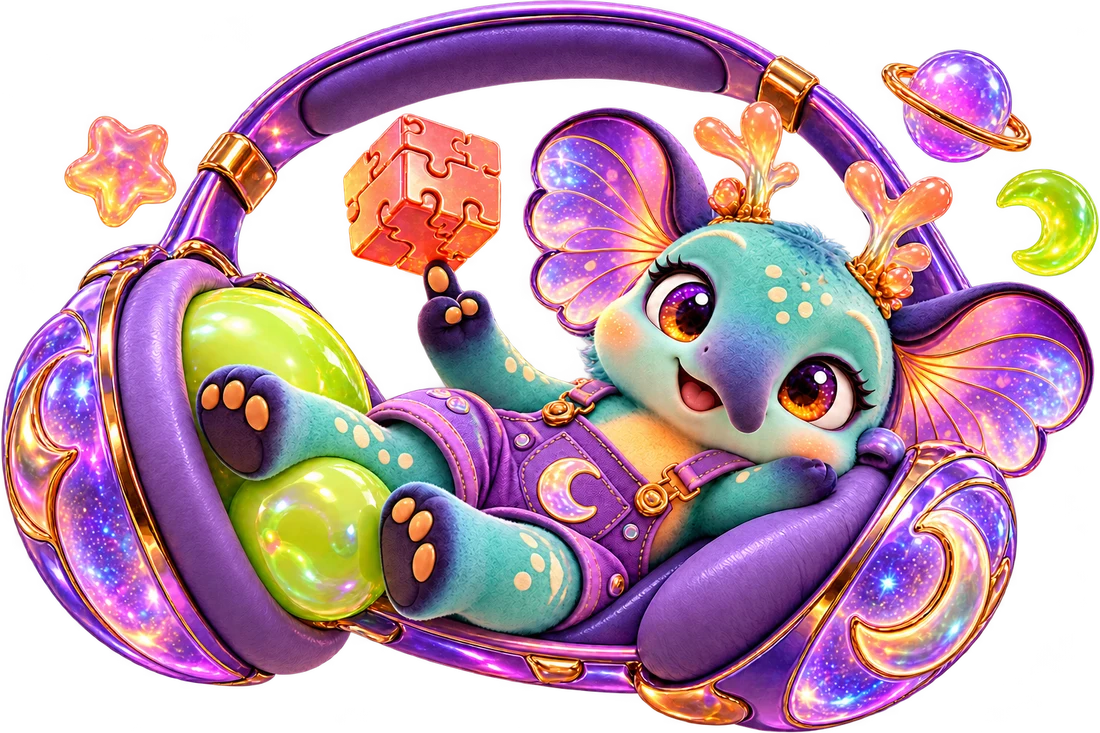 Nori lounging inside giant violet headphones, balancing a puzzle cube