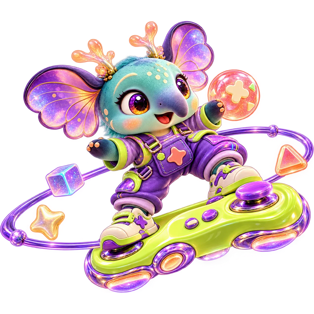 Nori surfing a giant lime joystick through a swirl of violet toy planets